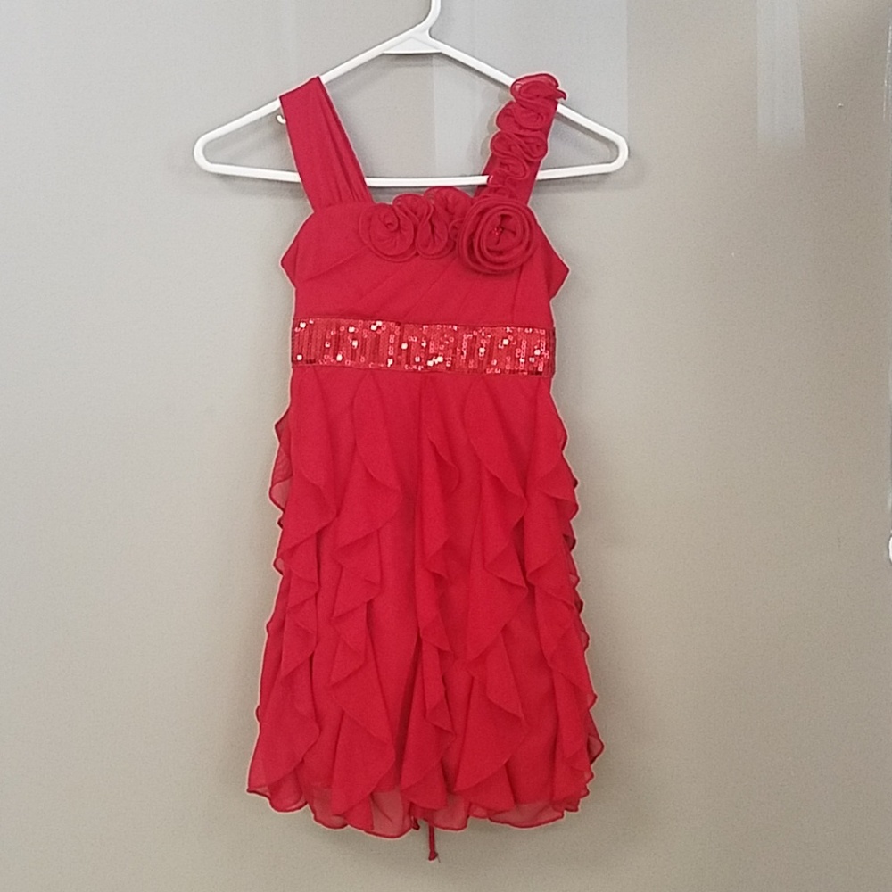 Girls red dress with ruffled skirt and sequin band